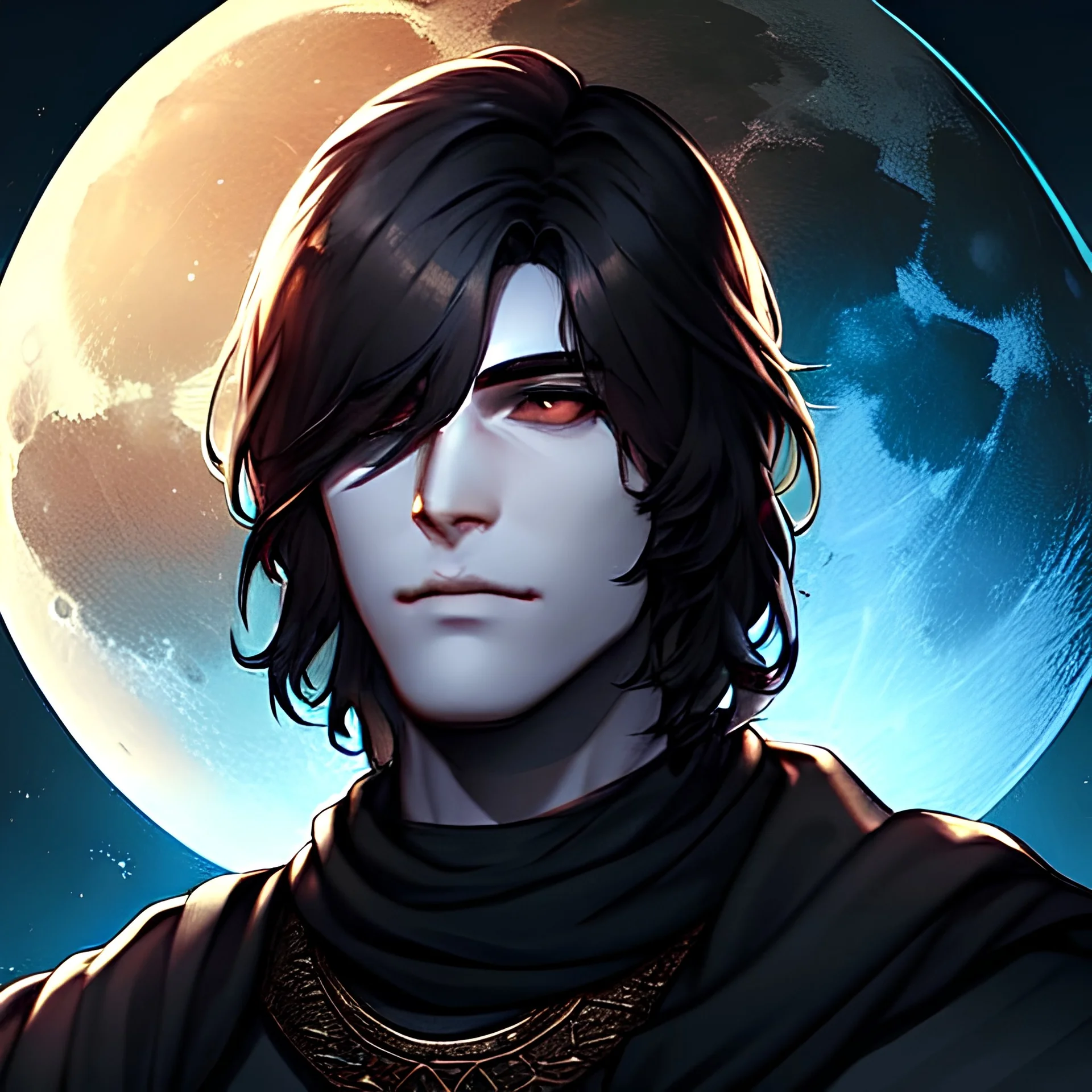 God, Moon King, Male, silver skin, portrait, max detail, hd, dark hair, dark souls style, detailed eyes, eye color blue