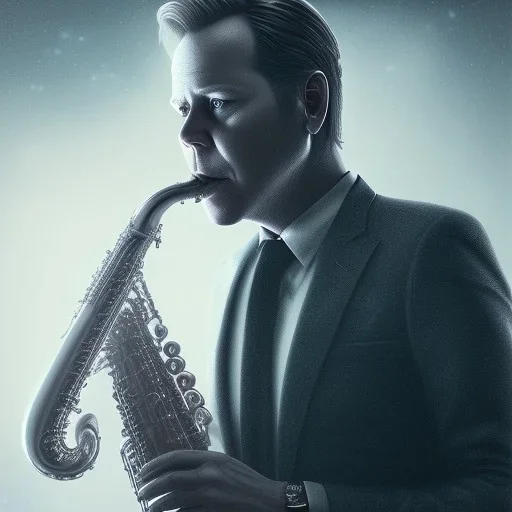 A portrait of a kiefer sutherland with beard playing saxophone, blade runner, low key lighting, volumetric light, digital art, highly detailed, fine detail, intricate, ornate, complex, octane render, unreal engine, photorealistic