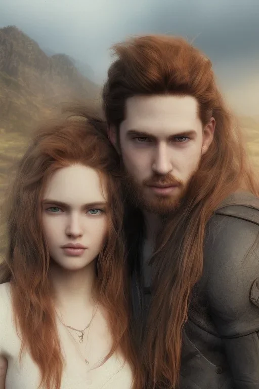 Jeune couple premier plan zoomé, visages hyper détaillés, ultra réaliste, 4k. Fille rousse aux cheveux raides, garçon musclé cheveux dreadlocks longs. Paysage de film ultra réaliste, montagne. D&D, mystique, ultra réaliste