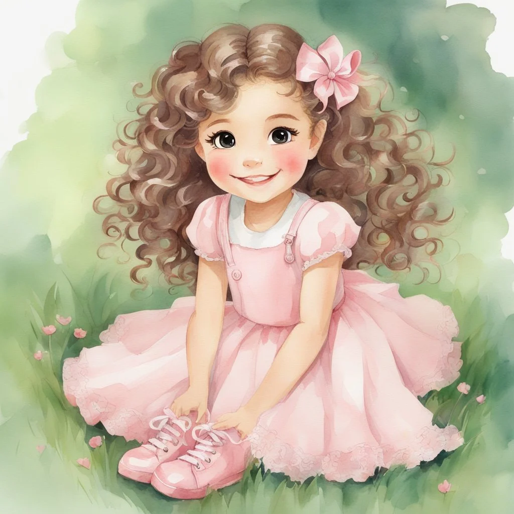 watercolor, full body, different poses, cute smile girl, curly hair, big eyes, long brown hair, pink dress, pink shoes, white backgrownd