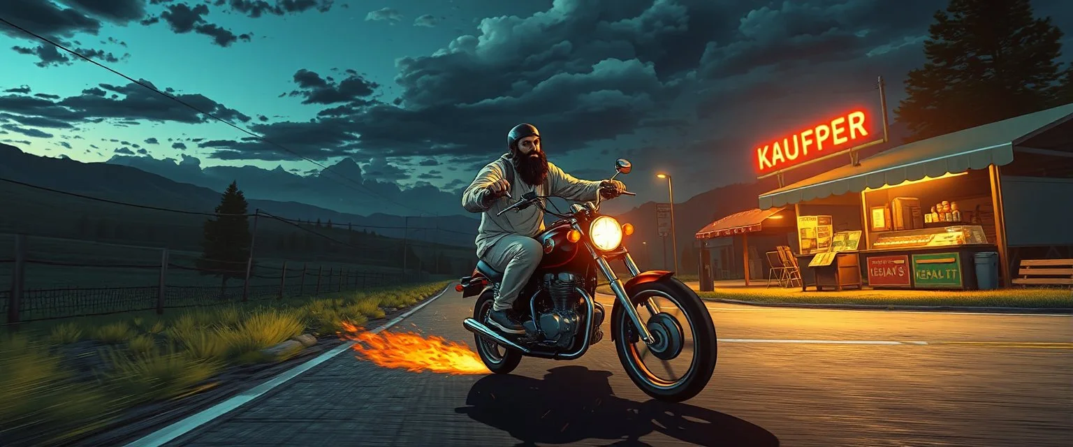 The kebab man driving fast on his holy motorcycle, fire from the exhaust, holy widescreen picture, holy empty road on the holy country at night, comic style, no helmet and he have a long holy black beard, neon kebab signs along the road, jesus stand at his market stand selling holy kebabs, simon stålenhag style