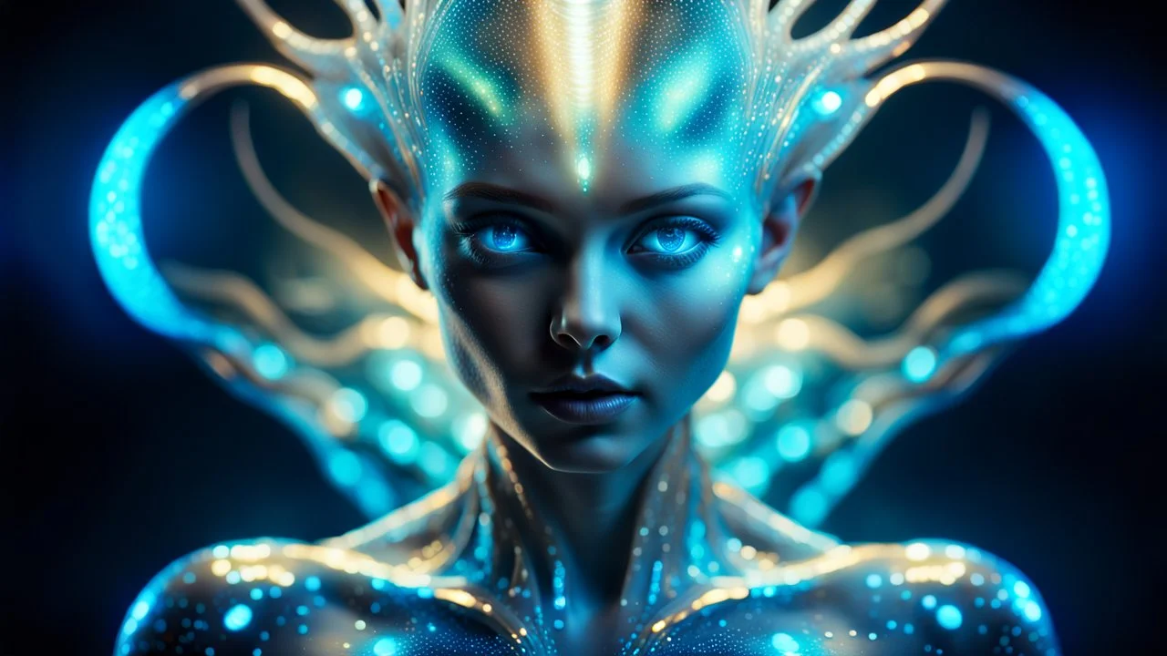 A Photograph with bioluminescent and luminous artistic style photo a alien woman. Full body.An curvy model with translucent irredescent skin showcases an alluring,perfect face in ultra-realistic detail. Blue eyes.The composition imitates a cinematic movie with dazzling,golden and silver light effects.The intricate details, sharp focus, and crystal-clear skin create a highly detailed,studio photo that is as mesmerizing as the works of Carne Griffiths and Ralph Horsley.ultra hd