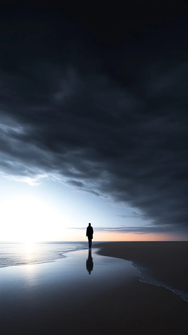 A lone figure walking along a vast, empty beach at sunset, their silhouette stark against the hyperrealistic sky reminiscent of the work of Halim Ghodbane, with crashing waves rendered in the detail of Jason De Graaf. (combines Halim Ghodbane & Jason De Graaf)