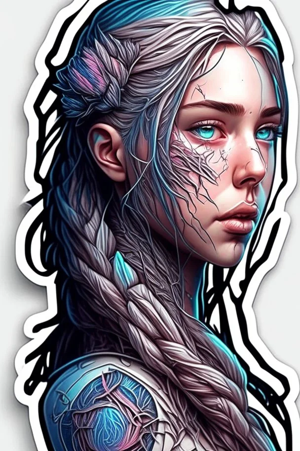 a sticker with a drawing of a woman's face, cyberpunk art, inspired by Marco Mazzoni, Artstation, fantasy art, fractal veins. cyborg, in the style dan mumford artwork, girl with plaits, beautiful detailed body and face