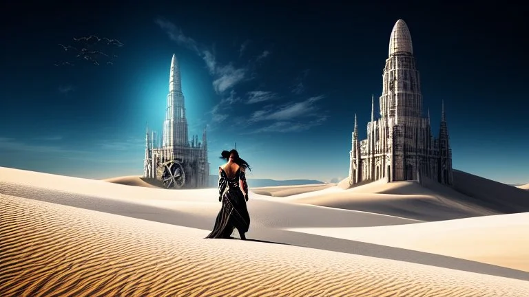 White desert sands with black tower painterly fantasy art matrix style cyborg portrait detailed symmetrical realistic eyes steampunk cyborg cyborg intricate detailed to scale hyperrealistic dark lighting digital concept art