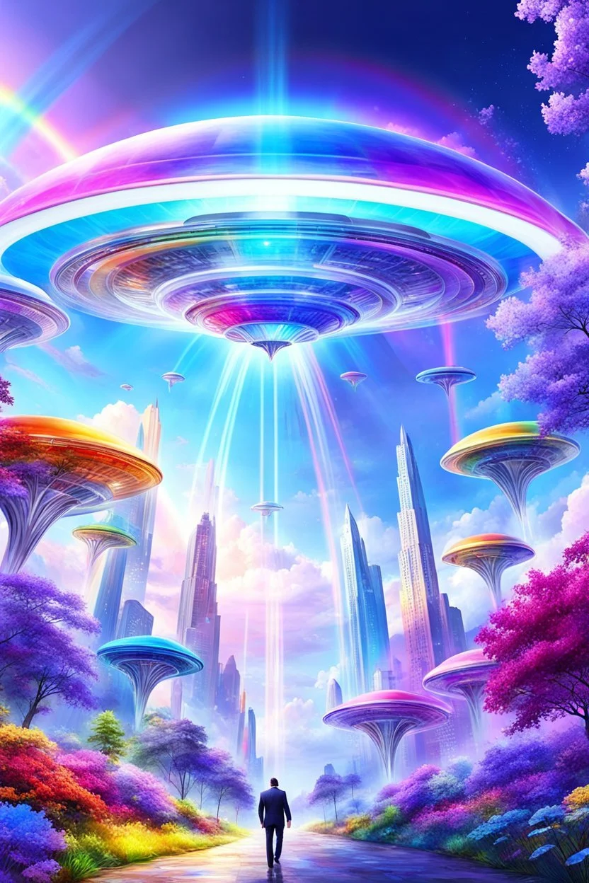 Ufo rainbow, futuriste ultra moderne,heaven,crystal very beautiful city,nature forest flowers colors