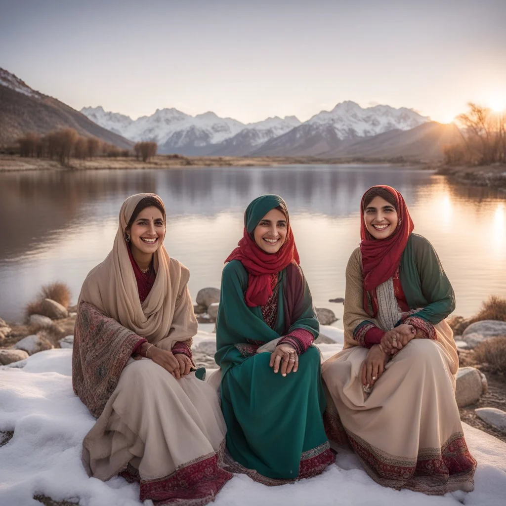 Pakistani Pukhtoon Women smiling at sunrise riverside & snowy mountains