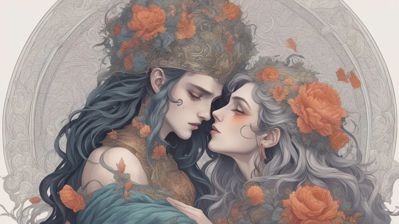 The god of life making out with the god of death. perfect faces. concept art, intricately detailed, color depth, dramatic, colorful background. perfect hands.