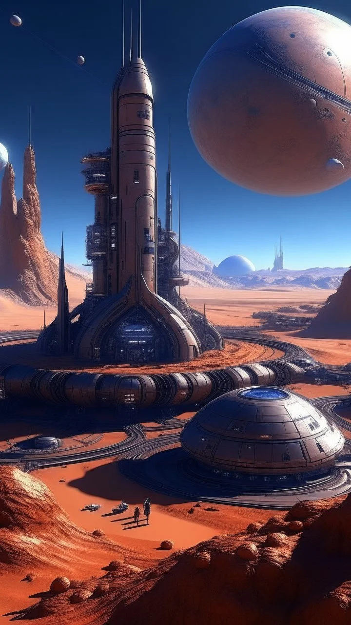 sci fi planet, space station, spires, desert