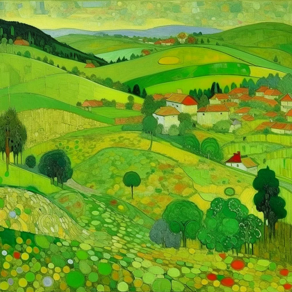 A lime green wasteland with small barren village painted by Gustav Klimt