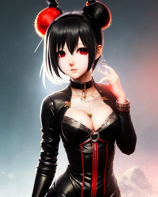 Detailed cute anime Kunoichi girl, blood read hair buns, blood red bangs, black latex bodysuit, intricate details, full body portrait, keep head in frame, slight smile, black Japanese motif, concept art, highly detailed, digital painting, concept art, sharp focus, illustration, art by Yoji Shinkawa, WLOP and greg rutkowski and alphonse mucha and artgerm and yanjun Chen and Junji ito and Makoto Shinkai, HDR, octane render