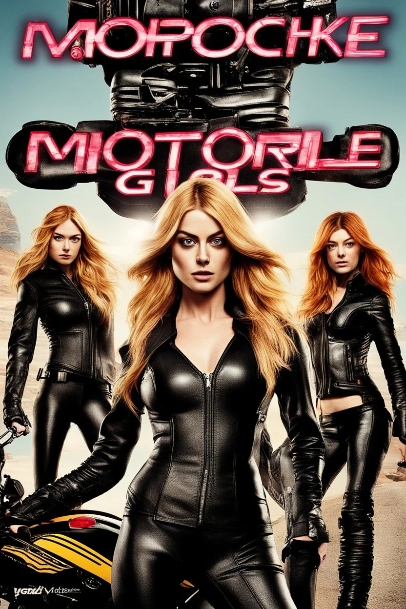 Poster for an action film called "The Motorbike Girls" starring Katherine McNamara, Margot Robbie and Georgia Henshaw wearing tight leather catsuits.