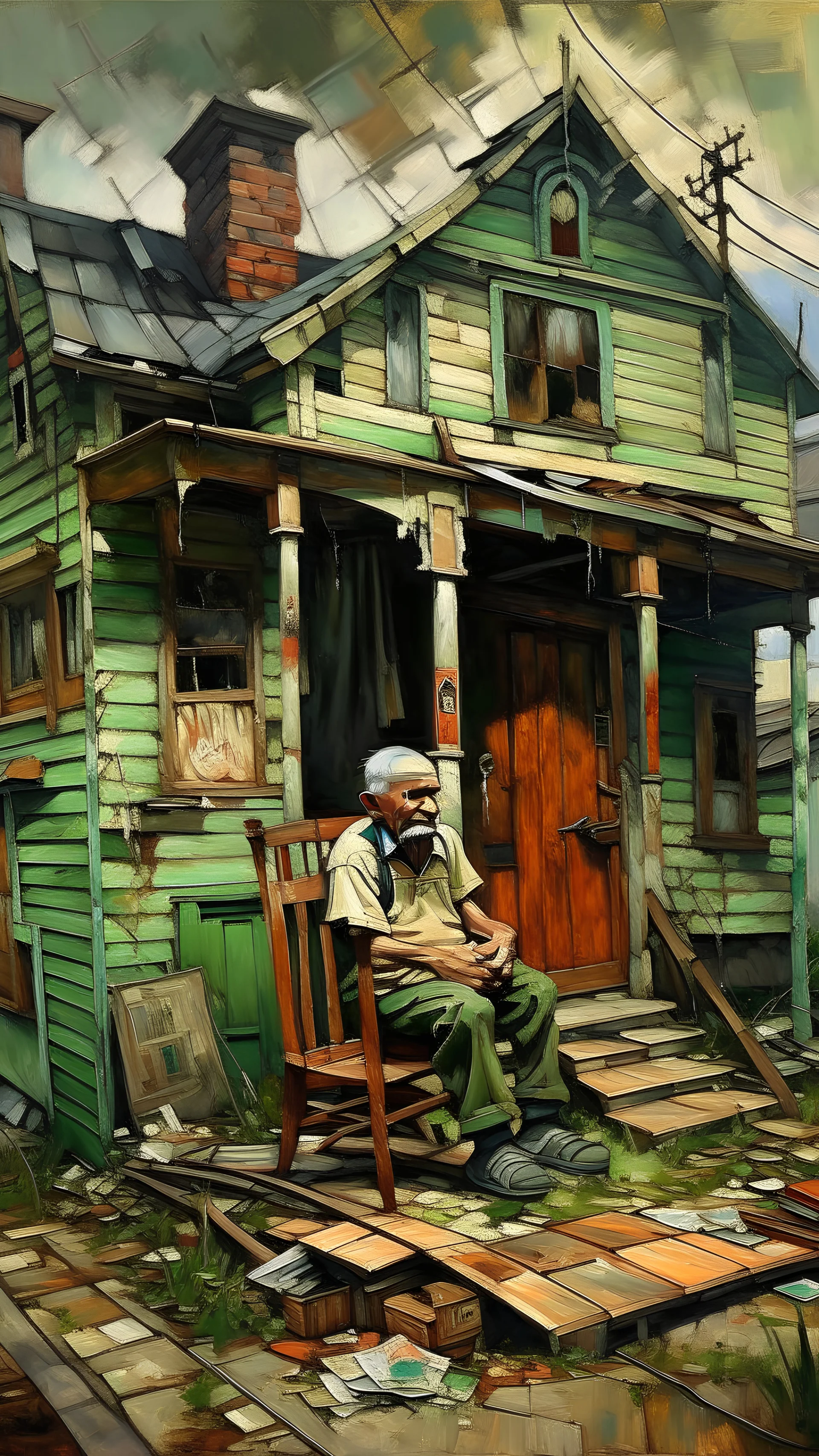 A painting of a poor man siting on a chair in his broken home. The house is surrounded by a very rich neighborhood