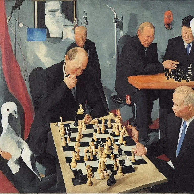 Putin, President Xi Of China And Joe Biden Play Chess With A Pigeon,Ufo,Complex Surgical Instruments,A Newborn Boy,Minimalism,Painting By Adrian Ghenie,Rene Magritte,Pablo Picasso,Lucian Freud,Michelangelo,Salvador Dali