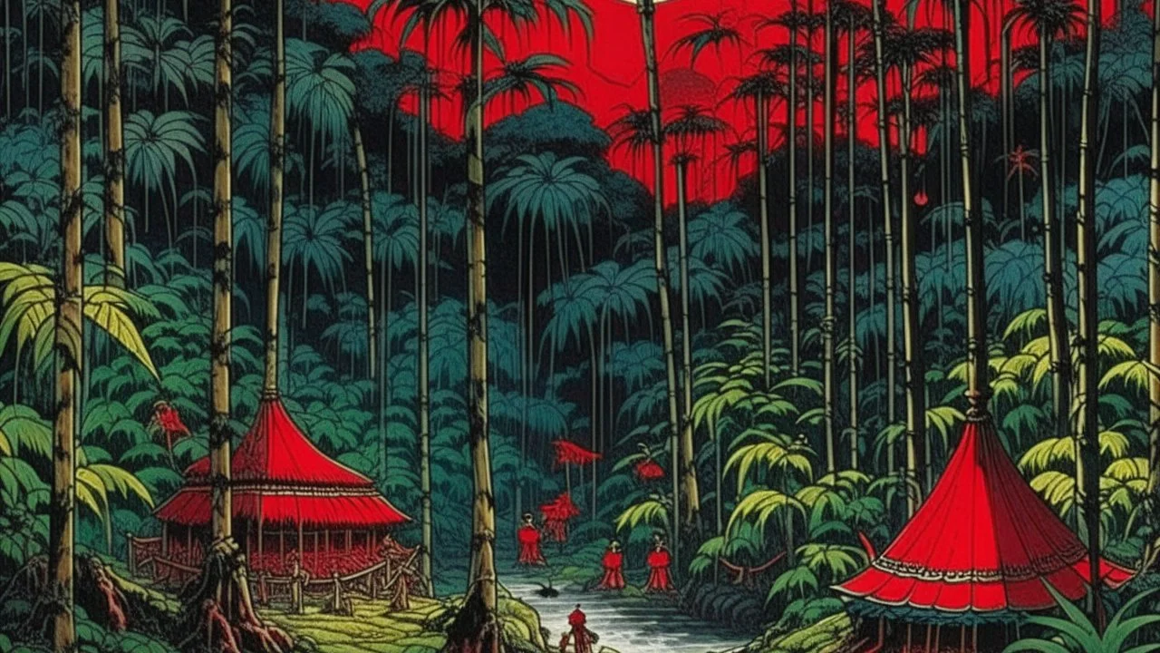 A blackish red savage jungle at nighttime painted by Utagawa Hiroshige