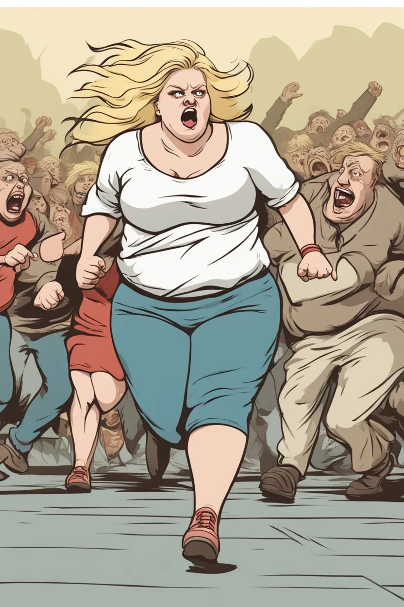 an obese terrified blonde woman running away from an angry mob