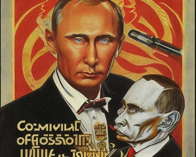 Russia president satan Vladimir Putin, evil fangs, atomic bomb cudgel