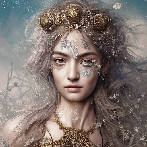 Insanely detailed photograph of an “portrait of gorgeous Greek goddess ” with intricate hair, intricate embroidered dress, beautiful clear face and hyperdetailed painting by Ismail Inceoglu Huang Guangjian and Dan Witz CGSociety ZBrush Central fantasy art album cover art,8K, hdr, romantic, mysterious, ominous, snowflakes, jewelry, comfort, natural eyes, arms open for embrace