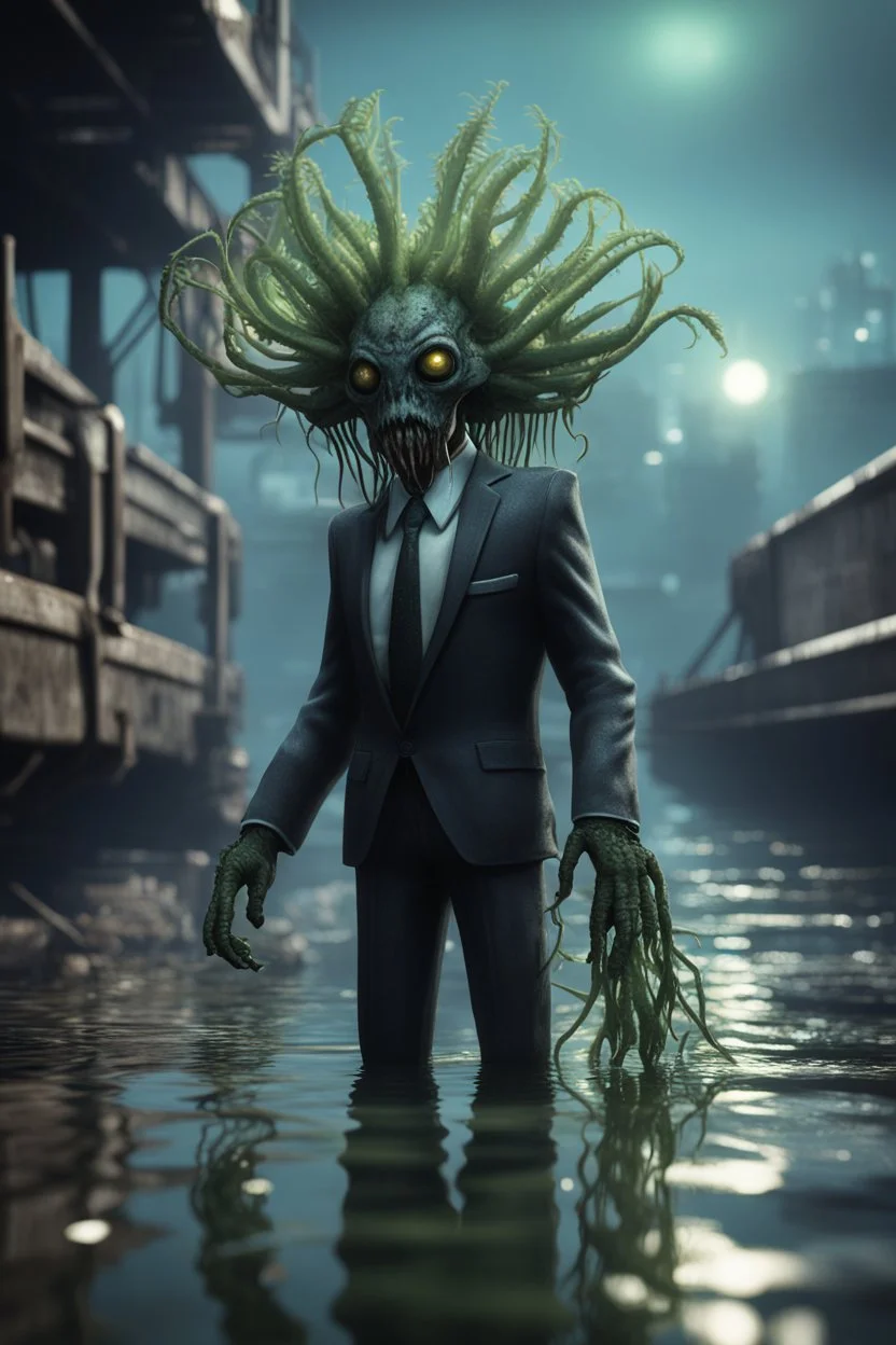 xcom's terror from the deep giger style alien with suit and tie and sea weed crown crawling onto the docks in fallout 4 setting, bokeh, downlight, prize winning, depth of field, in the style of ivo caprino