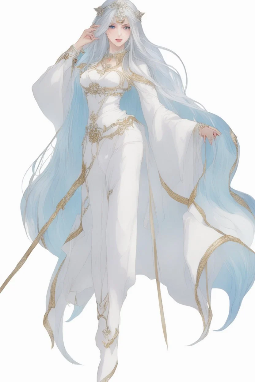 Moon queen long white hair, black robes, blue eyes