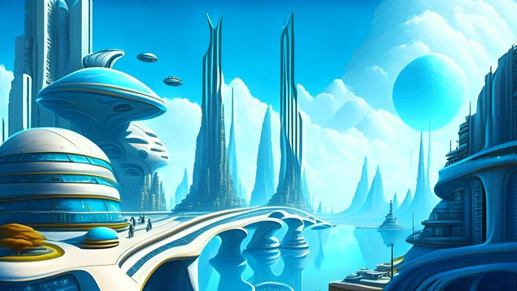 detailed alien cityscape, buildings with balconies, tracks, roads, paths, river, blue sky, white clouds