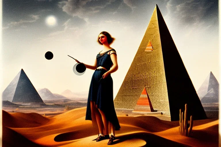 A 1922 woman looking at a black five-sided pyramid in the desert