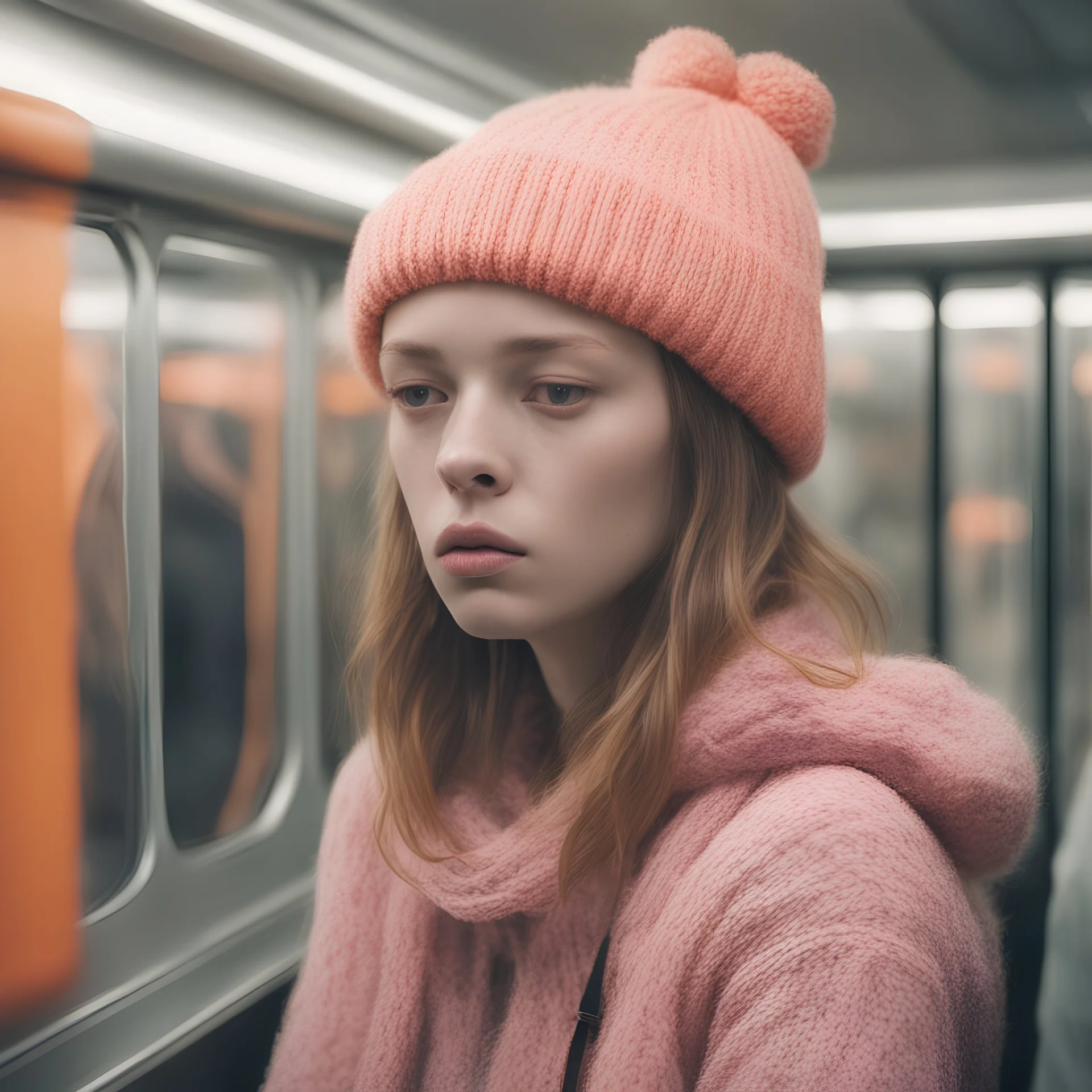 Mia goth, sad,in the metro in the style of a polaroid,, pink,orange, with a knitted hat, eyes closed