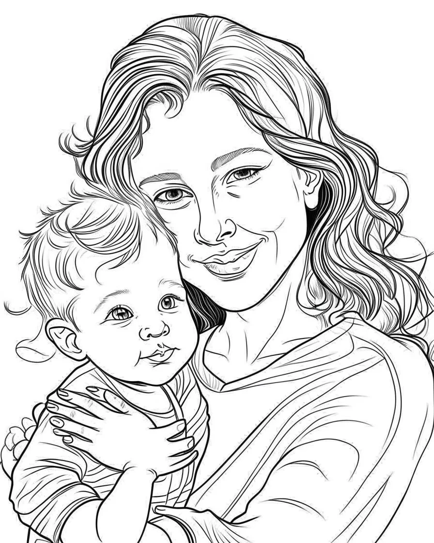 real mother coloring pages, kids coloring pages, white face no black color, full white, kids style, white background, whole body, Sketch style, full body (((((white background))))), only use the outline., cartoon style, line art, coloring book, clean line art, white background, Sketch style