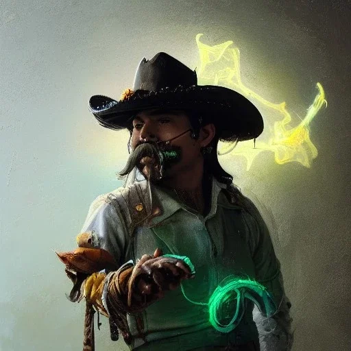 Insanely detailed photograph of an “ a mustachioed cowboy warrior "with worn Sombrero, handsome charo,cigar,glowing bluish green orb in outstretched hand, hyperdetailed painting by Ismail Inceoglu Huang Guangjian and Dan Witz CGSociety ZBrush Central fantasy art album cover art,8K, hdr, mysterious, flickeringlights ,Stoic