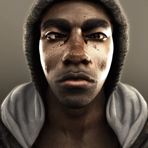 mysterious, black man, long curly black hair, scar on eye, hooded, post-apocalyptic, realistic, intriacte detail, volumetric lighting, particales,highly detailed,cinamatic, deep colours,8k