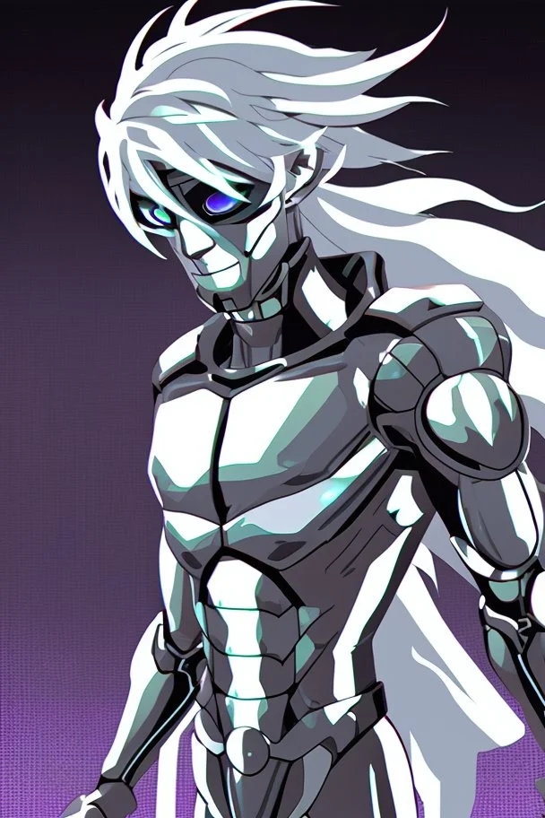 silver skinned anime Dragman cyberpunk with dragon mask in his eyes full body