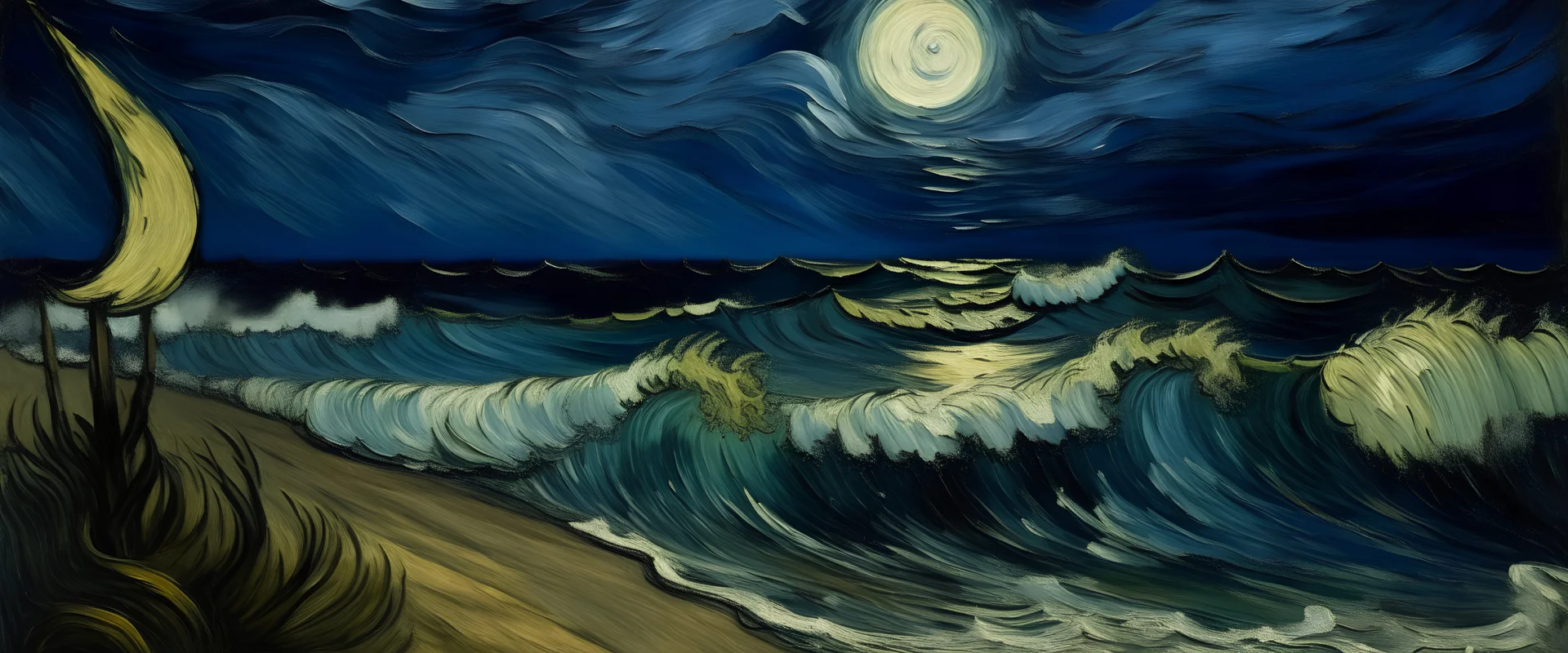 A beach with raging waves under the moonlight painted by Vincent van Gogh