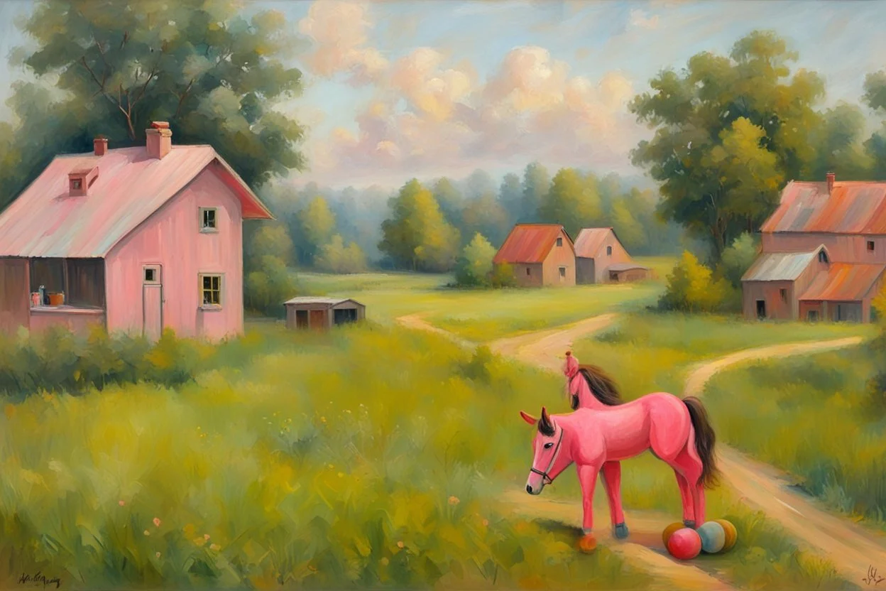 Big pink toy horse.19th painting