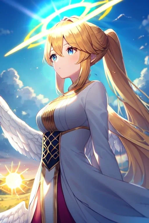 girl, masterpiece, best quality, cinematic lighting, detailed outfit, vibrant colors, perfect eyes, golden hair, long hair, ponytail, blue eyes, valkyrie, halo, white wings, landscape, sun, light rays, god rays, lens flare, looking down,