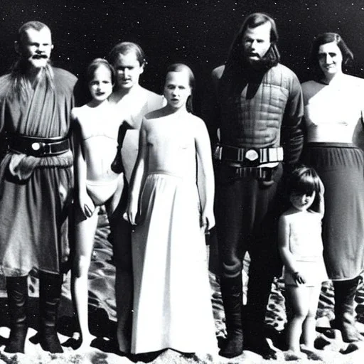 Creepy old family photo of star wars type people at the beach