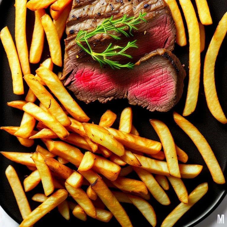 a nice juicy small steak with french fries on a big black plate