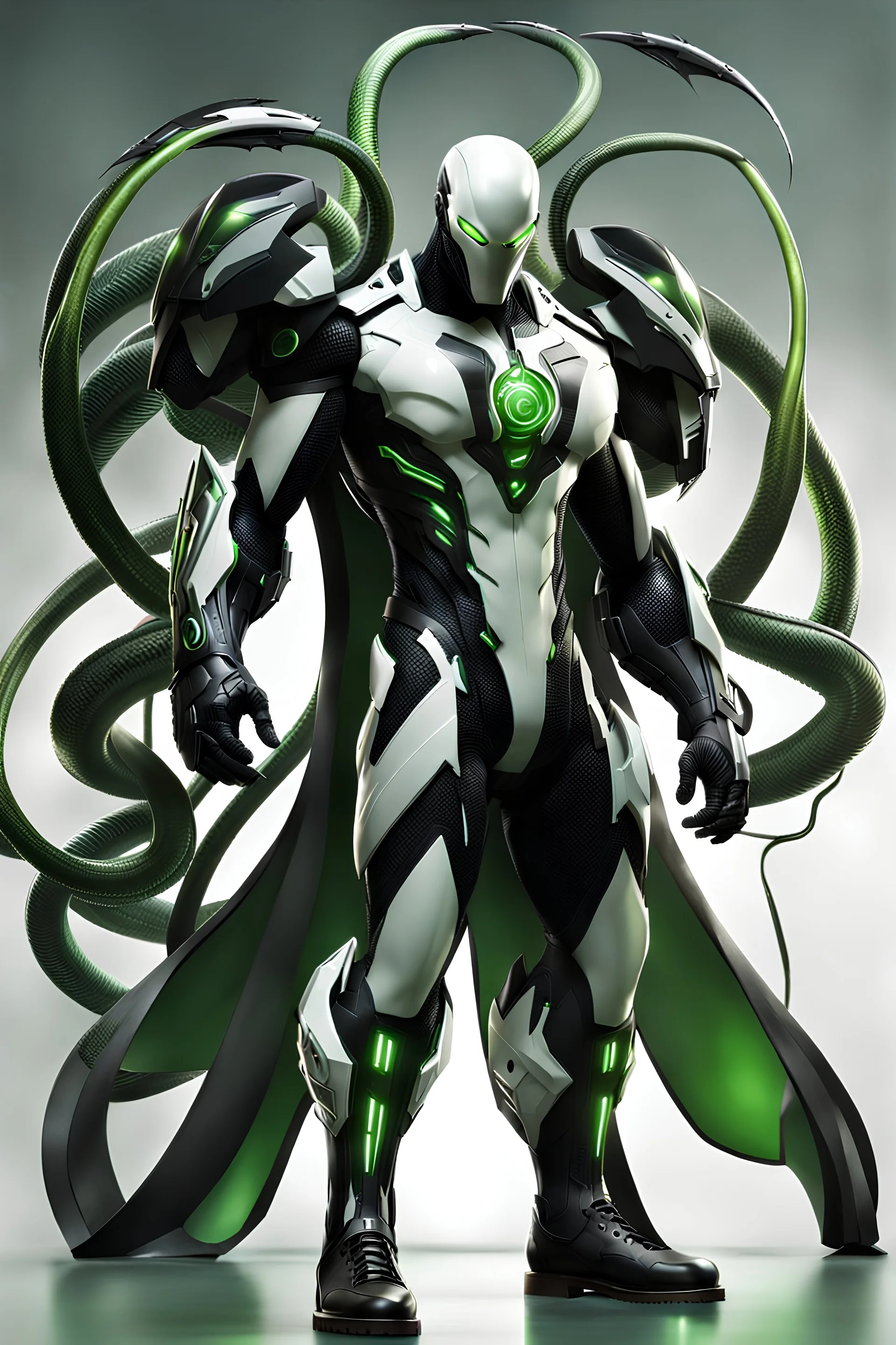 Cyborg symbiote, white color, green color, tendrils, high tech, cyberpunk, biopunk, membrane wings, carbon fiber, cyber tentacles, and the other two.