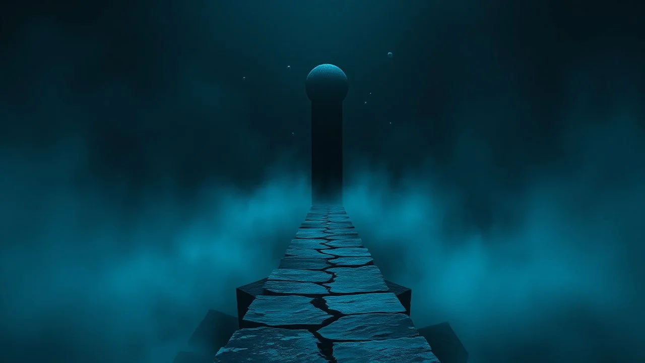 passage over nothingness, surreal, dark and cold abstract artwork dominated by deep blue, icy cyan, charcoal black and muted steel-grey tones. An narrow passageway emerges from an abstract distorted weird landscape, surrounded by thick fog and drifting mist. The space feels nightmare, alien and unsettling, with tiny floating circles and lines geometric forms, black onix column fragmented and unnatural perspectives. At the center of the composition cracked stone way over abyss