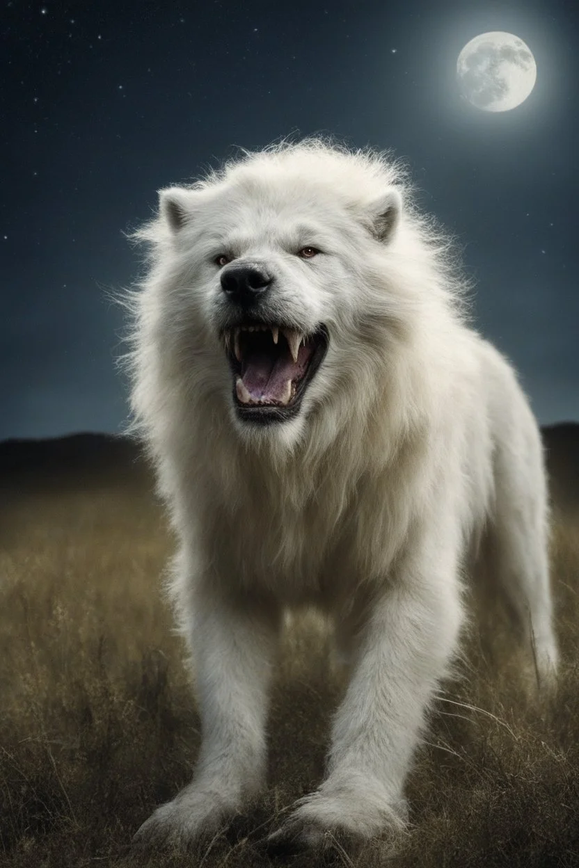 an extremely hairy, long-haired albino saber-tooth werewolf in a field, Botany, Starry, Moon lit, Retro Pop, Dark Fantasy, Horror, Festive, Realistic - 32k, UHD, professional quality, 8 x 10 digital photograph