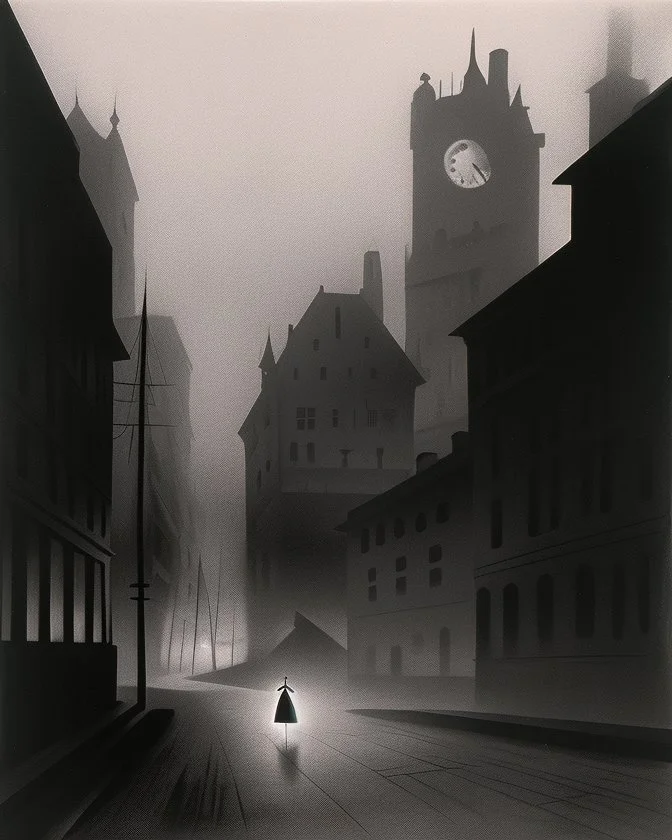 Dark street night figure fog odd Yves Tanguy spooky