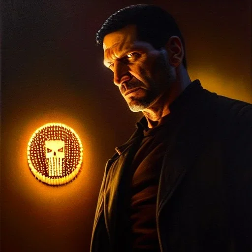 Ultra detailed fullbody Portrait in oil on canvas of The Punisher, extremely detailed digital painting, extremely detailed face,crystal clear Big Glowing eyes, mystical colors ,perfectly centered image, perfect composition, rim light, beautiful lighting, 8k, stunning scene, raytracing, anatomically correct, in the style of robert e howard and Ken Kelley and Ohrai Noriyoshi and Simon Bisley and tomzj1