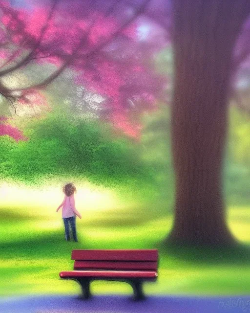 park mystical dream, park bench, man, woman, child, dog, trees, path, bird, sunshine, mystical, fantasy, romanticism, pastel colors, daylight, daytime, acrylic painting, detailed, soft focus,