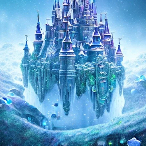 cristal angelic castle crystalline, beau , cosmic, opalescent, opalescent, gemstones, crystals, object, other worldly,water, rock, moss,bright, ice background, neige etang bleu