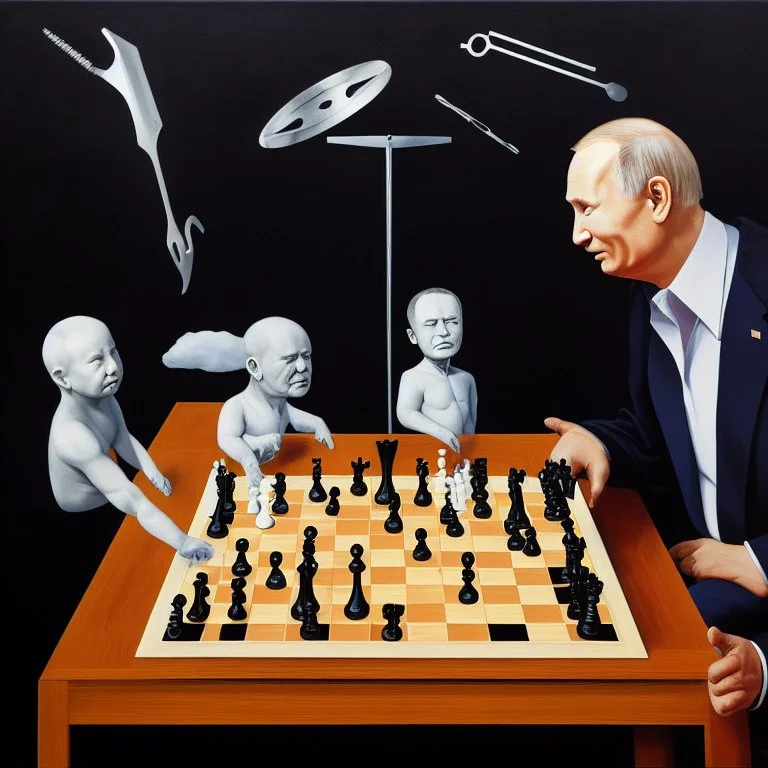 Complex Surgical Instruments crossing over Putin,President Xi jinping,Joe Biden Play Chess with a Newborn Boy,black background,surrealism,minimalism,Painting By Adrian Ghenie,Michelangelo,Rene Magritte,Lucian Freud,Salvador Dali,Pablo Picasso