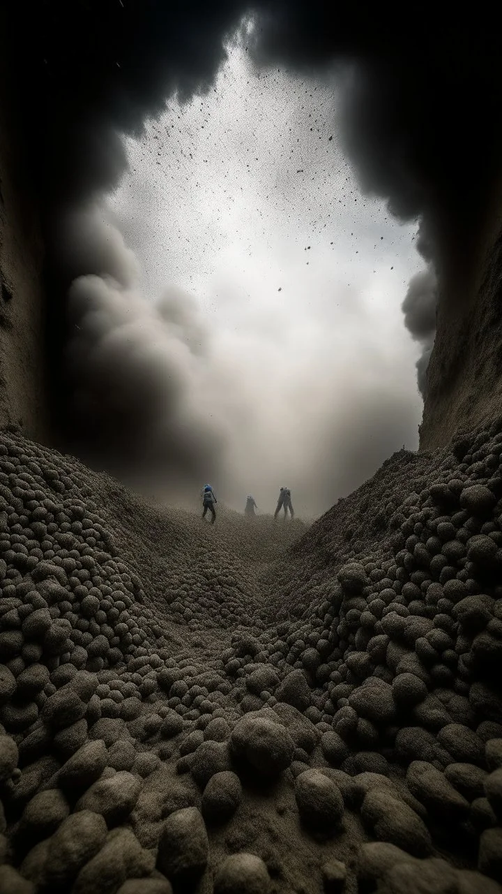 view from inside a trench from the first world war, flying debris, smoke and ash, screams and agitation, despair, scaping soccer players, broken soccer balls, in the style of rene magritte