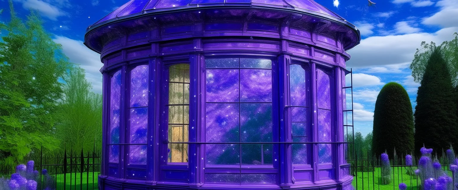 A purple observatory with grasshoppers made out crystals painted by Claude Monet