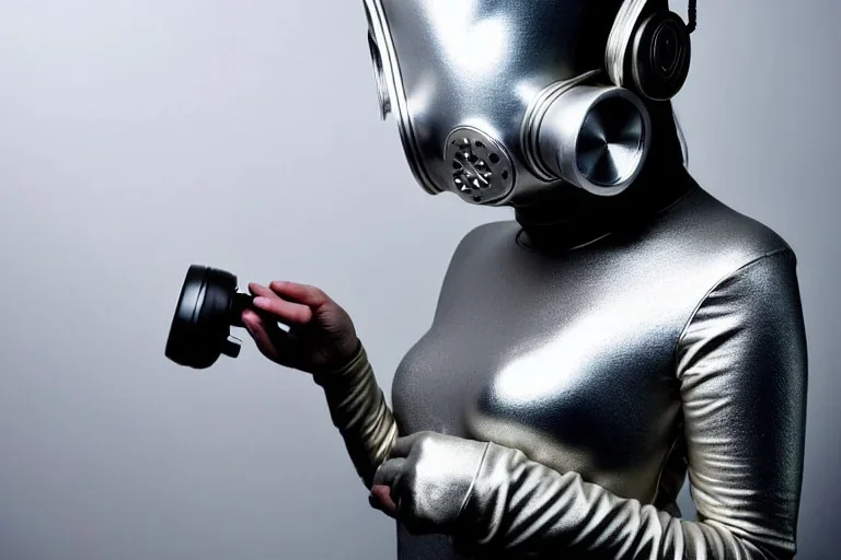 Silver to grey surfaces body, airy latex. Tendril-gas-mask-Synthesizer-proboscis-laundry. Knight, lighty armored bodies. Metallic headphones and speakers. Asa Akira interview on sofa. Old-fashioned cameras integrated to heads. simple faces. Strange Steam-punk Silver tumbler hands! Dystopia perfect body. Mind-download from Enigma computer. Partly symmetrical in relation to the computer. Perfect golden ratio in all directions. Space-corruption. Steam-machines-plunge-tanks. Moth eye. surveillance