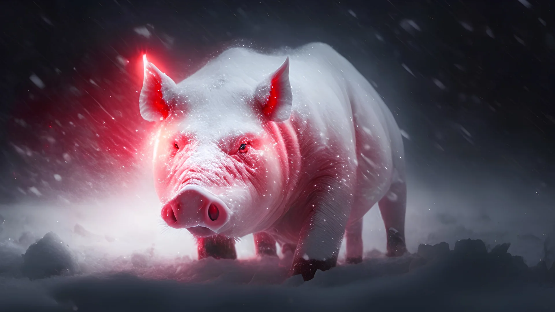 Gorgeous angry white sabre tooth pole pig with glowing red eyes in a snow storm at night