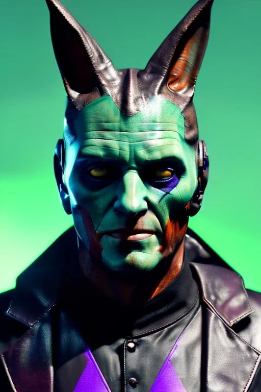 Medium Close Up Portrait, Front image. cyberpunk, rabbit mask helmet, strong man, silver hair. latex suit. Purple, green, color. Joker style. Color background, photo studio. Avatar image, highly detailed, concept art, smooth, unreal engine 5, ray tracing, RTX, lumen lighting, ultra detail, volumetric lighting, 3d, finely drawn, high definition, high resolution.