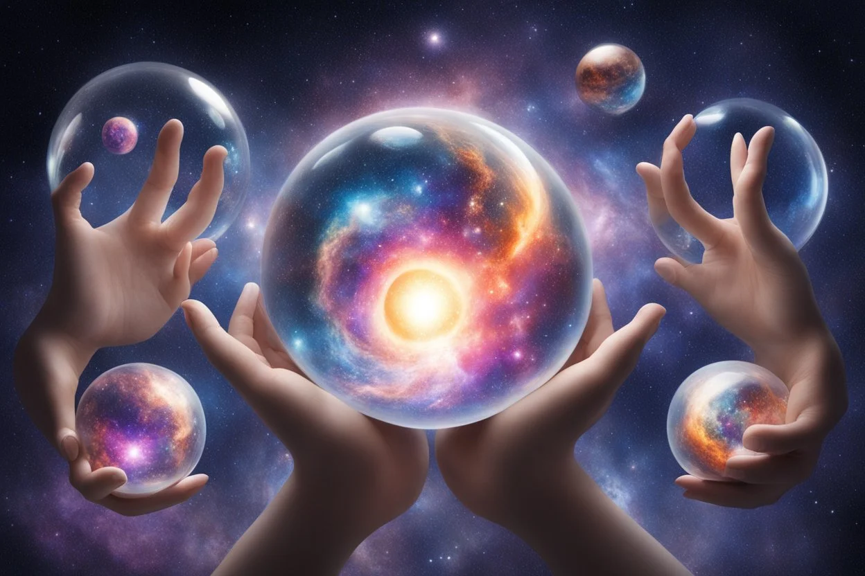 kundalini, few colours of galaxy, holding galaxies in few hands in glass balls,